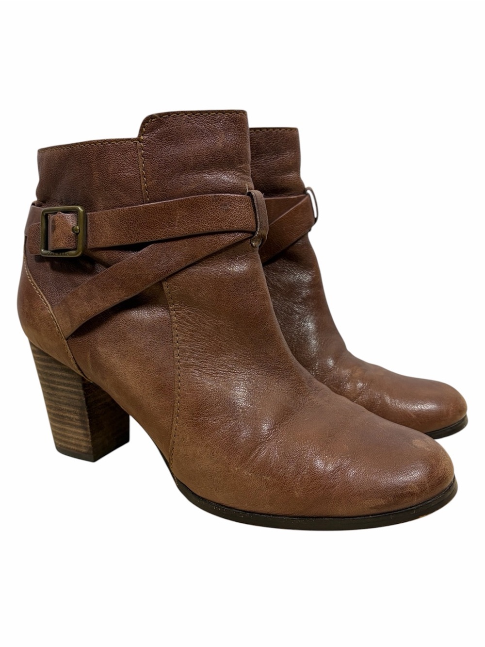 Cole Haan Brown Leather Buckle Ankle Boots Block Heel 7.5